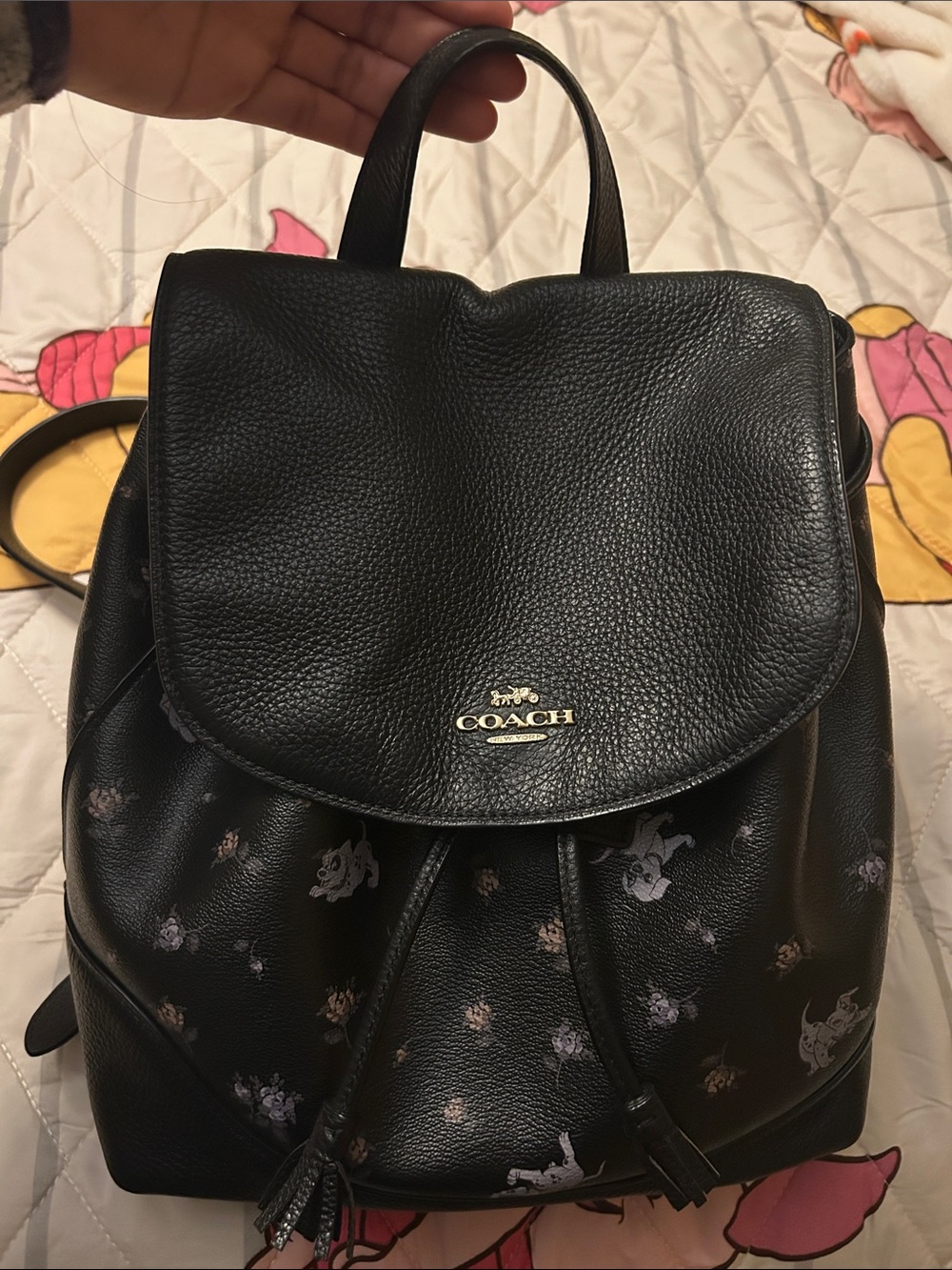 101 Dalmatian Coach Black Leather Backpack with Lavender & Floral Print - Picture 4 of 16